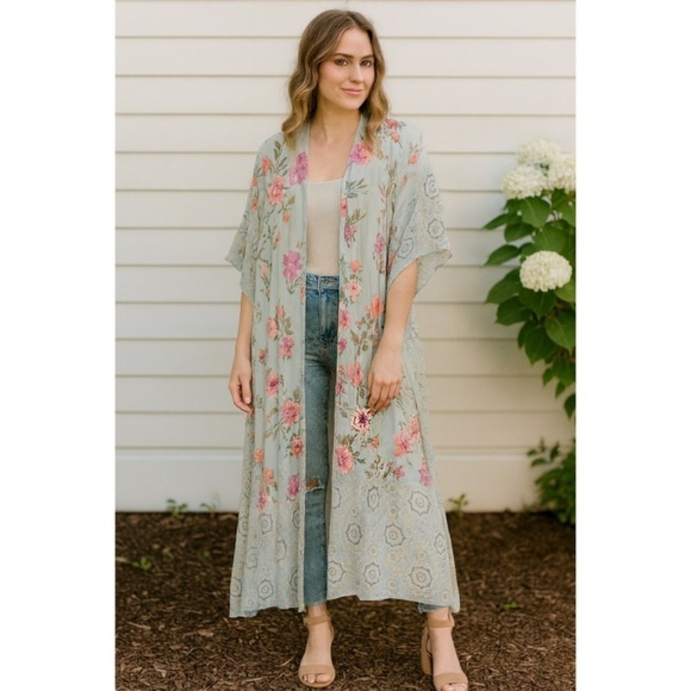 Angie Boho Floral Kimono Long Cardigan Women S Blue Shabby Chic Cottagecore‎ NWT